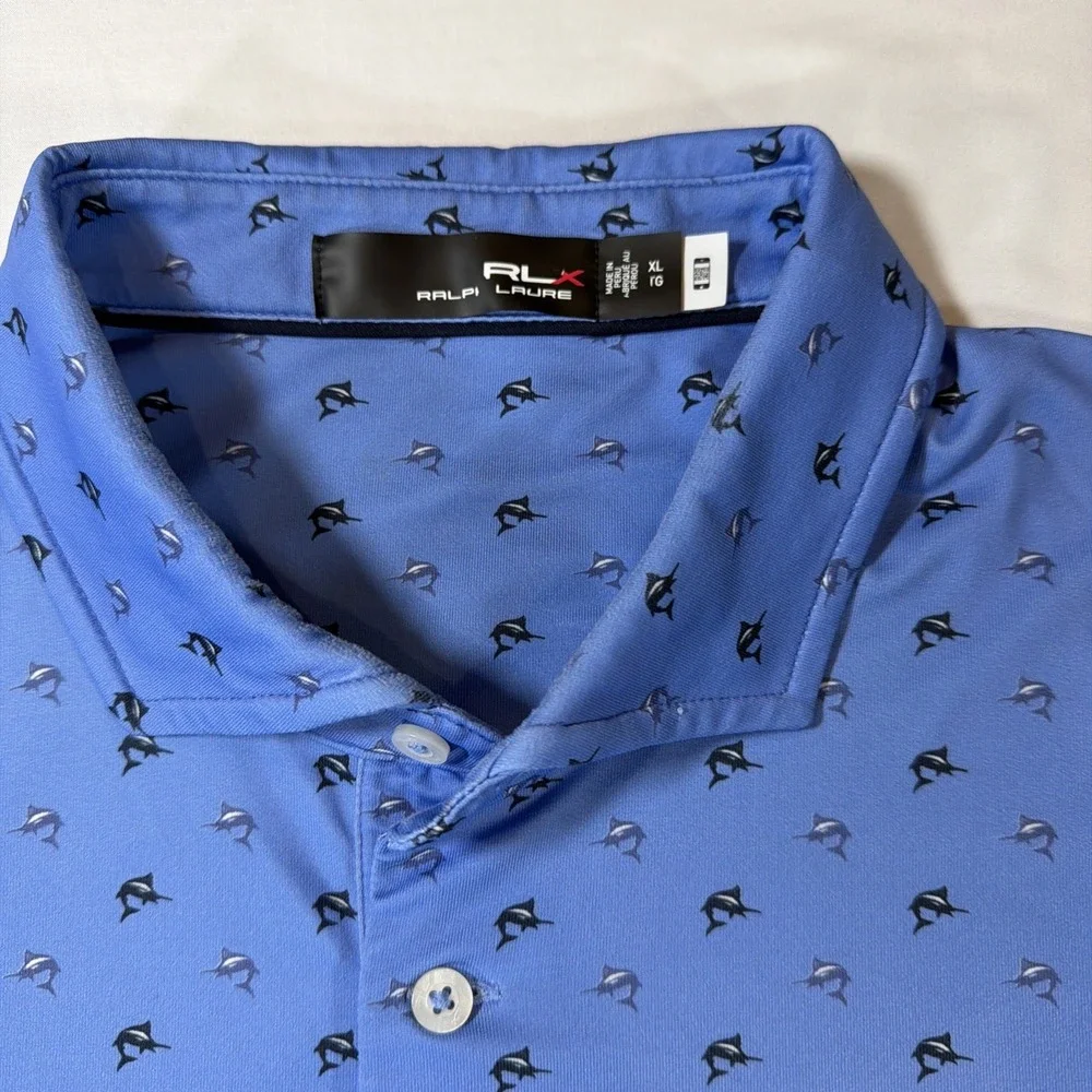 RLX Ralph Lauren XL Polo Shirt Golf Swordfish All Over Print‎ Blue Water Wicking - Picture 2 of 6